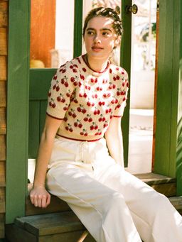 Cider - Contrasting Binding Cherry Pattern Knitted Crop Top
