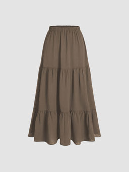 Cider - Solid Elastic Waist Ruffle Hem Tiered Skirt
