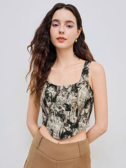 Cider - Jacquard Cat Pattern Corset Cami Crop Top