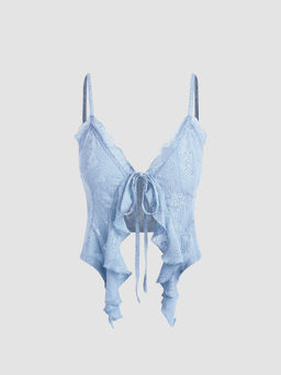 Cider - Lace Ruffle Hem Knotted Knit Crop Top