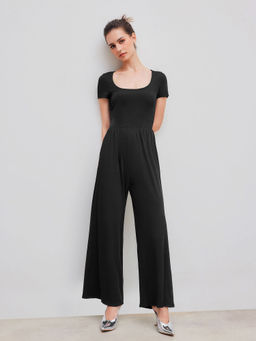 Cider - Scoop Neckline Short Sleeve Wide Leg Jumpsuit