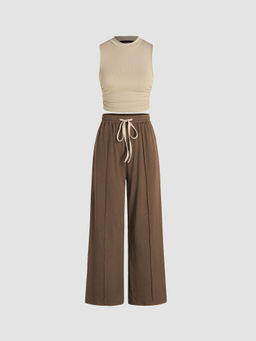 Cider - Ruched Tank Crop Top & Elastic Waist Knotted Trousers