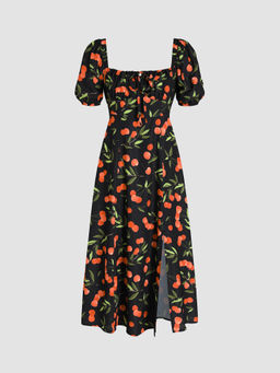 Cider - Lemon Split Knotted Shirred Dress