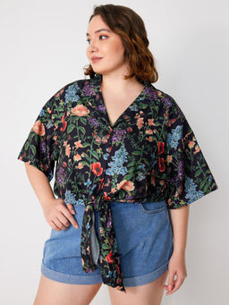 Cider - Floral Tie Front Short Sleeve Blouse Top Curve & Plus