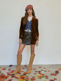 Cider - Velvet Collar Solid Blazer with Belt