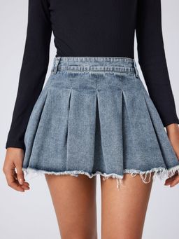 Cider - Denim High Waist Pleated Raw Hem Skirt
