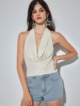 Cider - Cowl Neck Backless Crop Top with Solid Tube Top