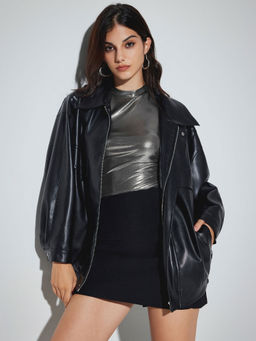 Cider - Faux Leather Polo Solid Zipper Biker Jacket