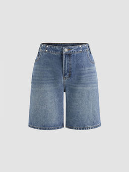 Cider - Denim High Rise Solid Wide Leg Shorts