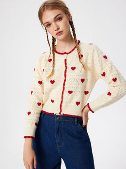 Cider - Round Neck Heart Contrasting Binding Cardigan
