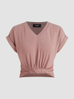Cider - V-Neck Solid Ruched Crop Top