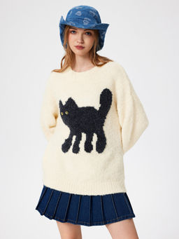 Cider - Wool-Blend Round Neckline Cat Knitted Long Sleeve Sweater