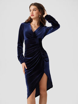 Cider - Velvet V-Neck Solid Ruched Dress