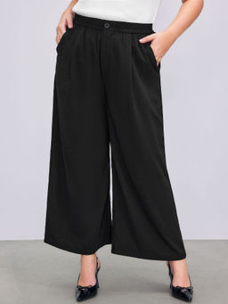 Cider - Solid High Waist Pleated Pocket Wide Leg Trousers Curve & Plus