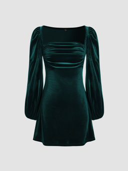 Cider - Velvet Square Neck Solid Ruched Dress