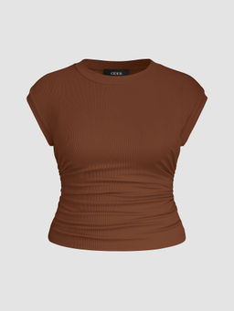 Cider - Round Neckline Solid Short Sleeve Top Curve & Plus