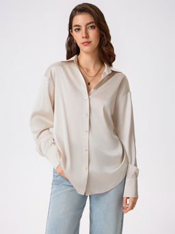 Cider - Satin Collar Solid Button Long Sleeve Blouse Top