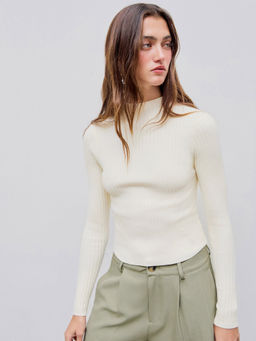 Cider - Rib Knit Stand Neck Solid Long Sleeve Top