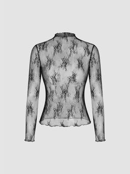 Cider - Lace High Neck Lace Long Sleeve Top