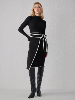 Cider - Turtleneck Belted Bowknot Knitted Dress