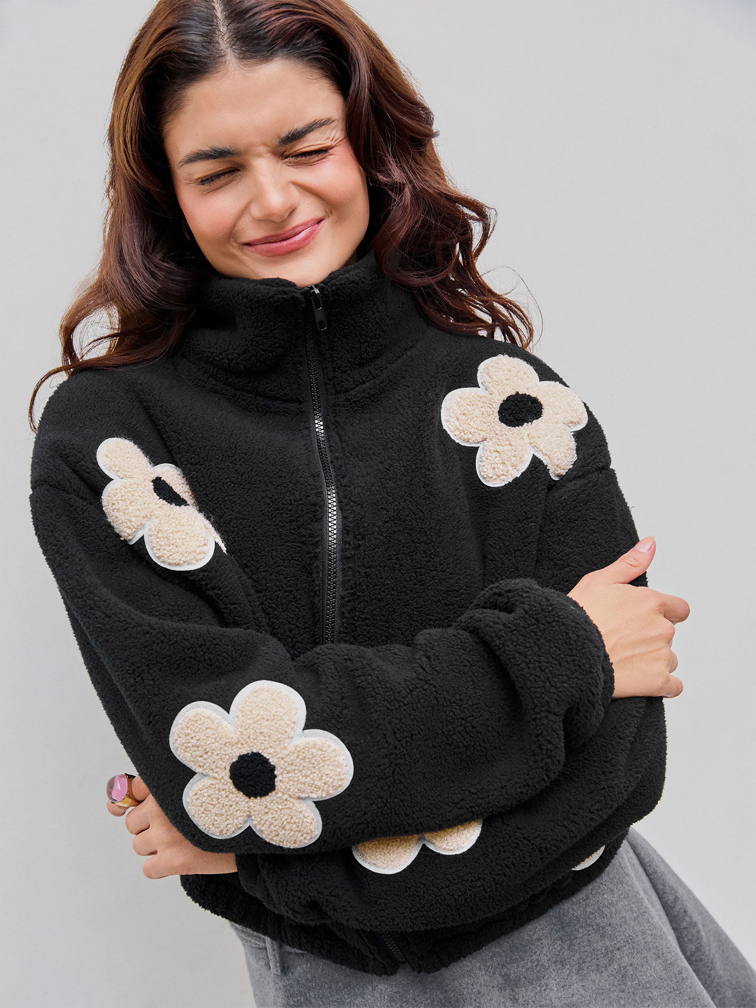 cider Fleece Stand Neck Flower Pattern Zipper Jacket-picture-44