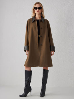 Cider - Faux Leather Collar Solid Pocket Shacket