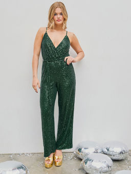 Cider - Sequin V-Neck Solid Belted Wide Leg Jumpsuit