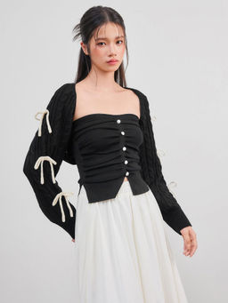 Cider - Cable Knit Bowknot Long Sleeve Shrug