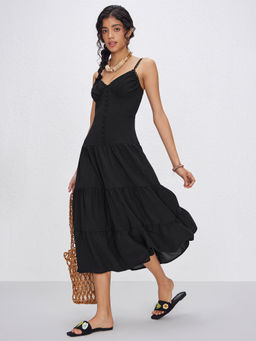 Cider - Woven V-Neck Solid Ruffle Hem Dress