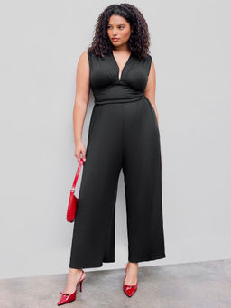 Cider - V-Neck Ruched Solid Wide Leg Jumpsuit Curve & Plus