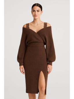 Cider - Knit Off-Shoulder Wrap Lace Split Dress