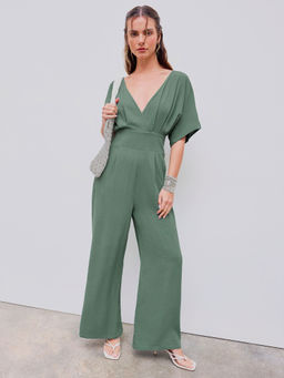 Cider - Linen-Blend V-Neck Solid Corset Middle Sleeve Pocket Jumpsuit