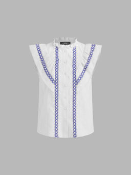 Cider - Cotton Stand Collar Crochet Contrasting Binding Short Sleeve Blouse Top