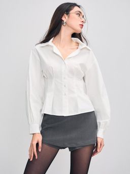 Cider - Woven Collar Corset Solid Long Sleeve Shirt