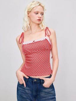 Cider - Square Neck Gingham Rosette Knotted Crop Top