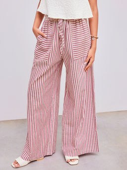 Cider - Woven Mid Rise Stripe Knotted Pocket Trousers