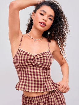 Cider - Woven V-Neck Gingham Shirred Cami Top