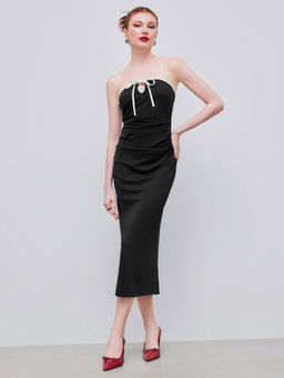 Cider - Jersey Strapless Contrasting Binding Knotted Ruched Dress