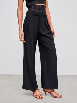 Cider - Woven Mid Rise Solid Corset Belt Wide Leg Trousers