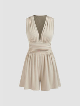 Cider - V-Neck Solid Ruched Pocket Romper