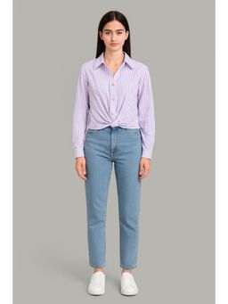 Cider - Cotton-Blend Collar Striped Knotted Roll-Up Long Sleeve Shirt