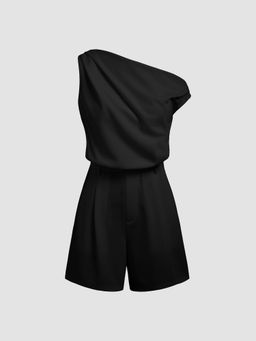 Cider - Asymmetrical Neck Solid Pleated Romper
