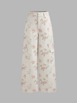 Cider - Cotton Mid Rise Floral Cargo Wide Leg Trousers