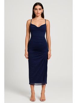 Cider - Cowl Neck Solid Glitter Drawstring Dress