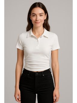 Cider - Cotton-Blend Collar Solid Ruched Button Short Sleeve Top