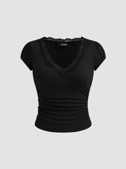 Cider - V-Neck Solid Lace Trim Ruched Short Sleeve Tee