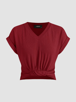 Cider - V Neck Solid Ruched Crop Top