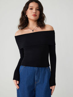 Cider - Off Shoulder Solid Long Sleeve Top