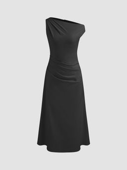 Cider - Asymmetrical Neck Solid Ruched Dress