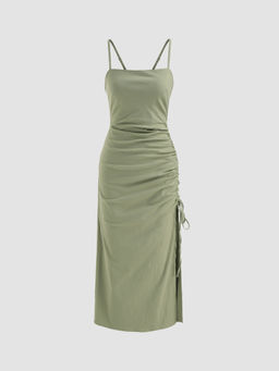 Cider - Cotton Blend Square Neck Solid Ruched Drawstring Dress